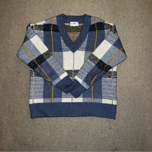 For The Republic V-Neck Sweater in Blue, White, and Black Plaid